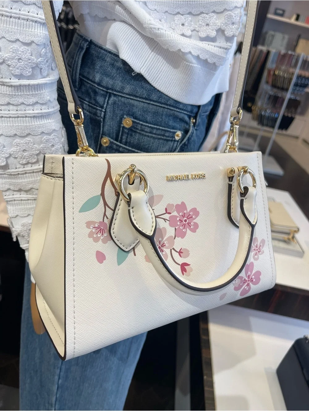 MICHAEL KORS Marilyn Small Embellished Satchel Crossbody Messenger Lt Cream NWT